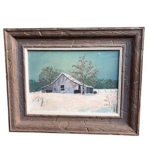 Winter Barn Oil Painting MCM Original Framed Oklahoma Art Signed Dated Anadarko